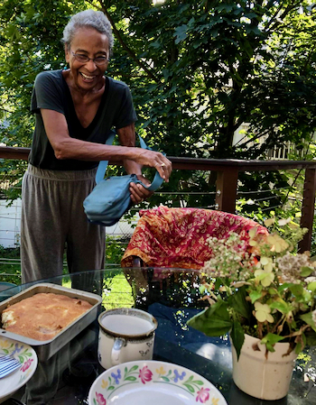 Jean on her patio